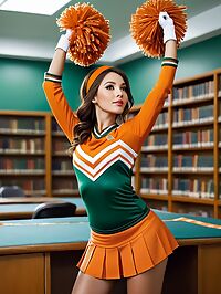 A 32 year old woman in an orange cheerleader uniform navigates a library quietly