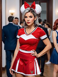 A 47 year old woman with grey hair and red highlights modelled a revealing cheerleader outfit at a fashion show